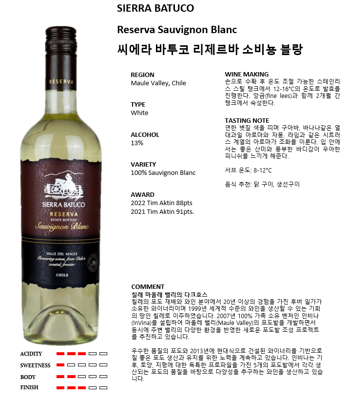 인비나 시에라 바투코 리제르바 소비뇽 블랑*12 (칠레/드라이/화이트)