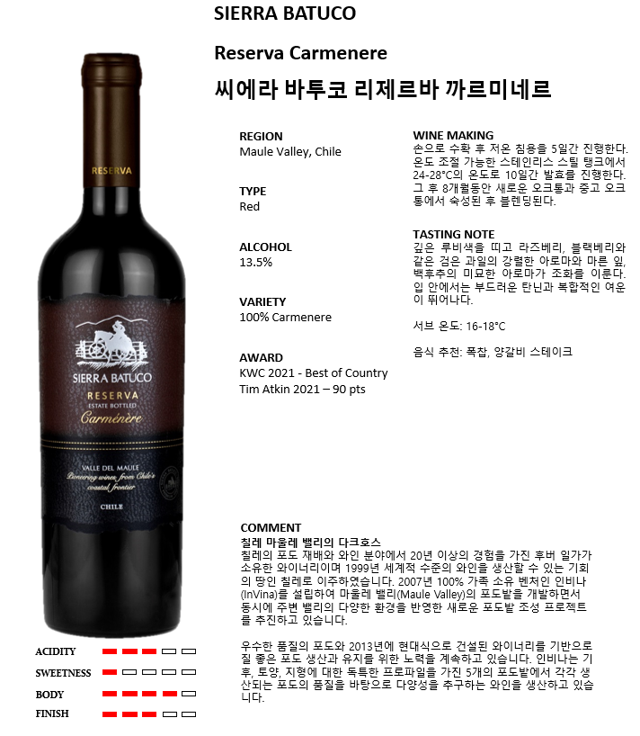 인비나 시에라 바투코 리제르바 까르미네르*12 (칠레/드라이/레드)