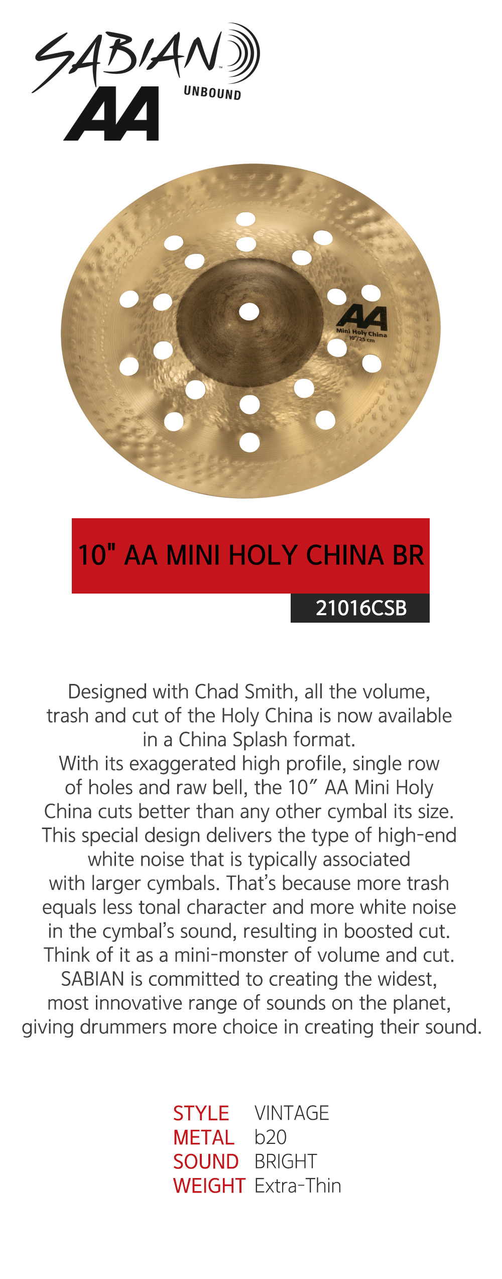 SABIAN 사비안 심벌10인치 CYMBAL 10" MINI HOLY CHINA AA 21016CSB (Brilliant) (632466)