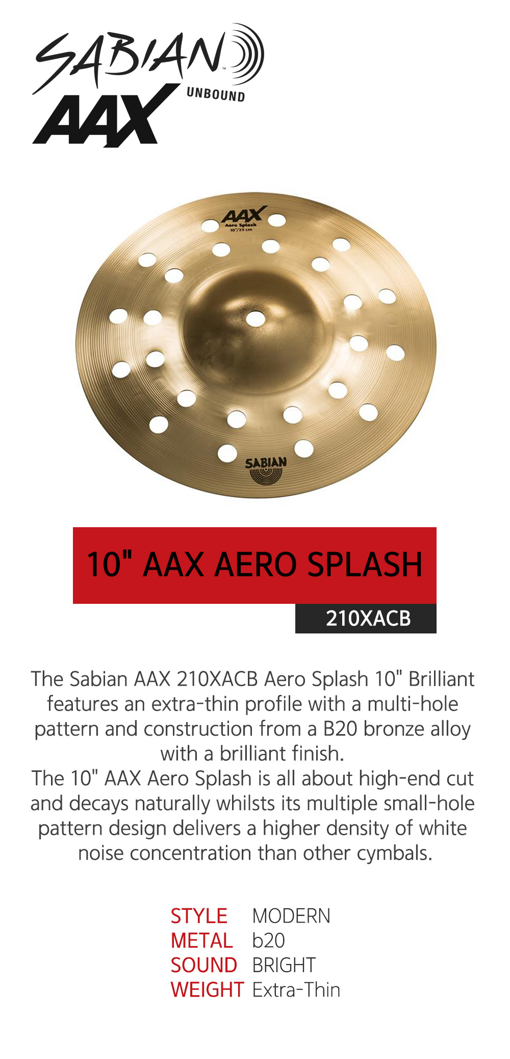 SABIAN 사비안 심벌10인치 CYMBAL 10" AERO SPLASH AAX 210XACB (Brilliant) (632381)
