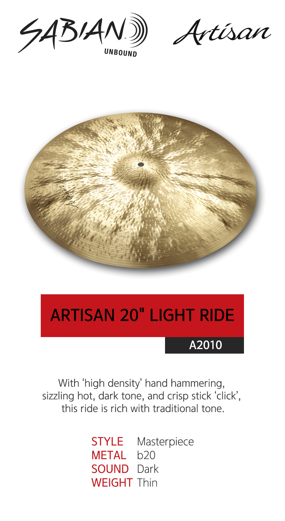 SABIAN 사비안 심벌20인치 CYMBAL 20" ARTISAN LIGHT RIDE A2010 (632554)