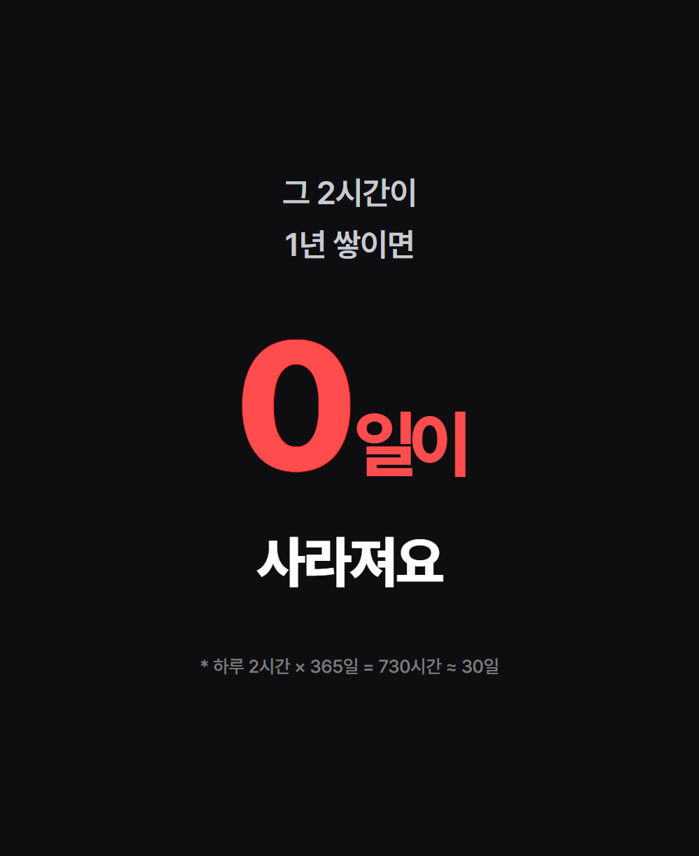 그 2시간이 1년 쌓이면 30일이 사라져요 — 하루 2시간 × 365일 = 730시간 ≈ 30일