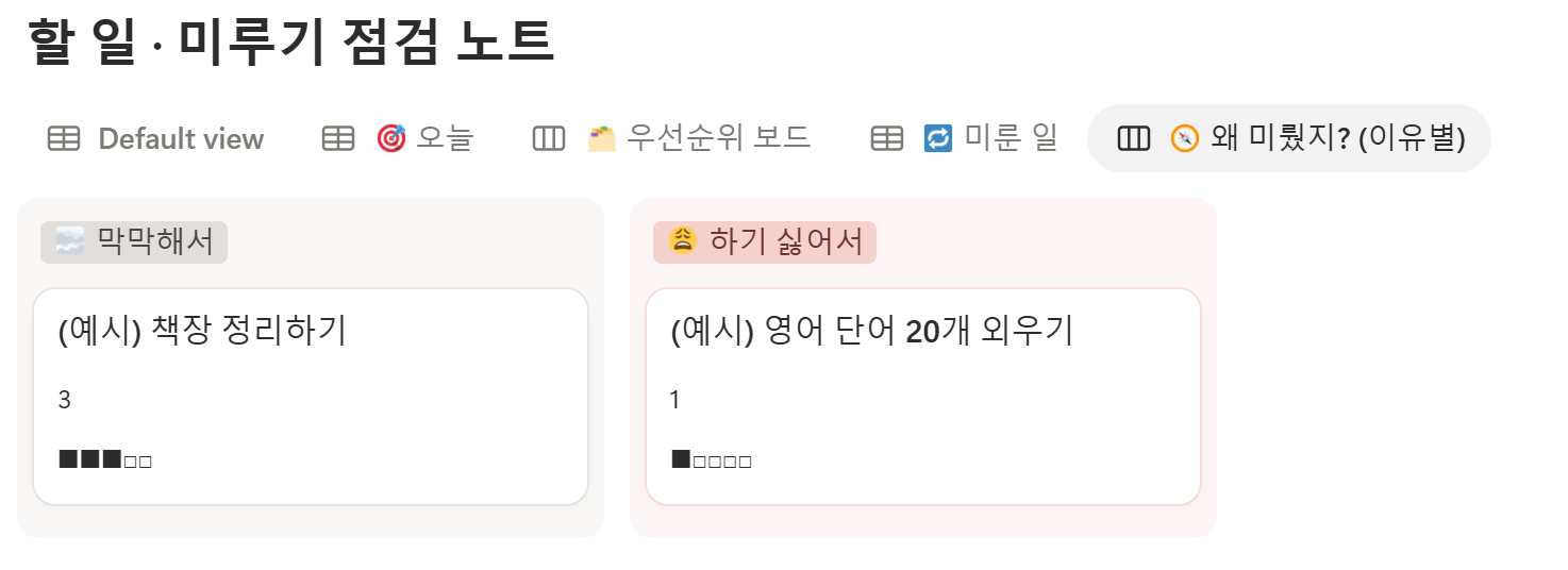 왜 미뤘지 보드 — 막막해서·하기 싫어서 같은 미룬 이유별로 할 일이 모이는 노션 보드