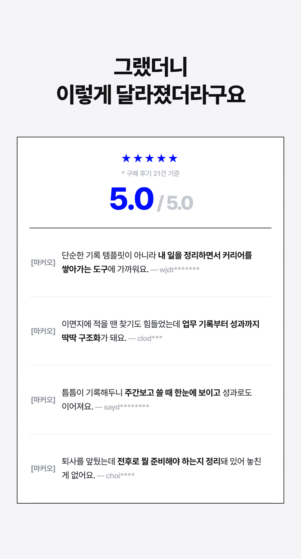 그랬더니 이렇게 달라졌더라구요 — 별점 5.0, 구매 후기 21건 리스트