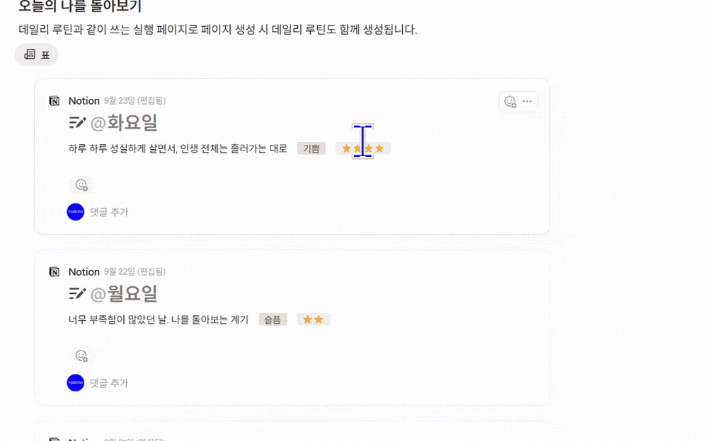 회고와 실행 일기 화면, 하루를 돌아보며 적으면 데일리 루틴이 함께 생성되는 노션 회고 일기 템플릿