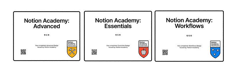 Notion Academy Advanced, Essentials, Workflows 인증 배지
