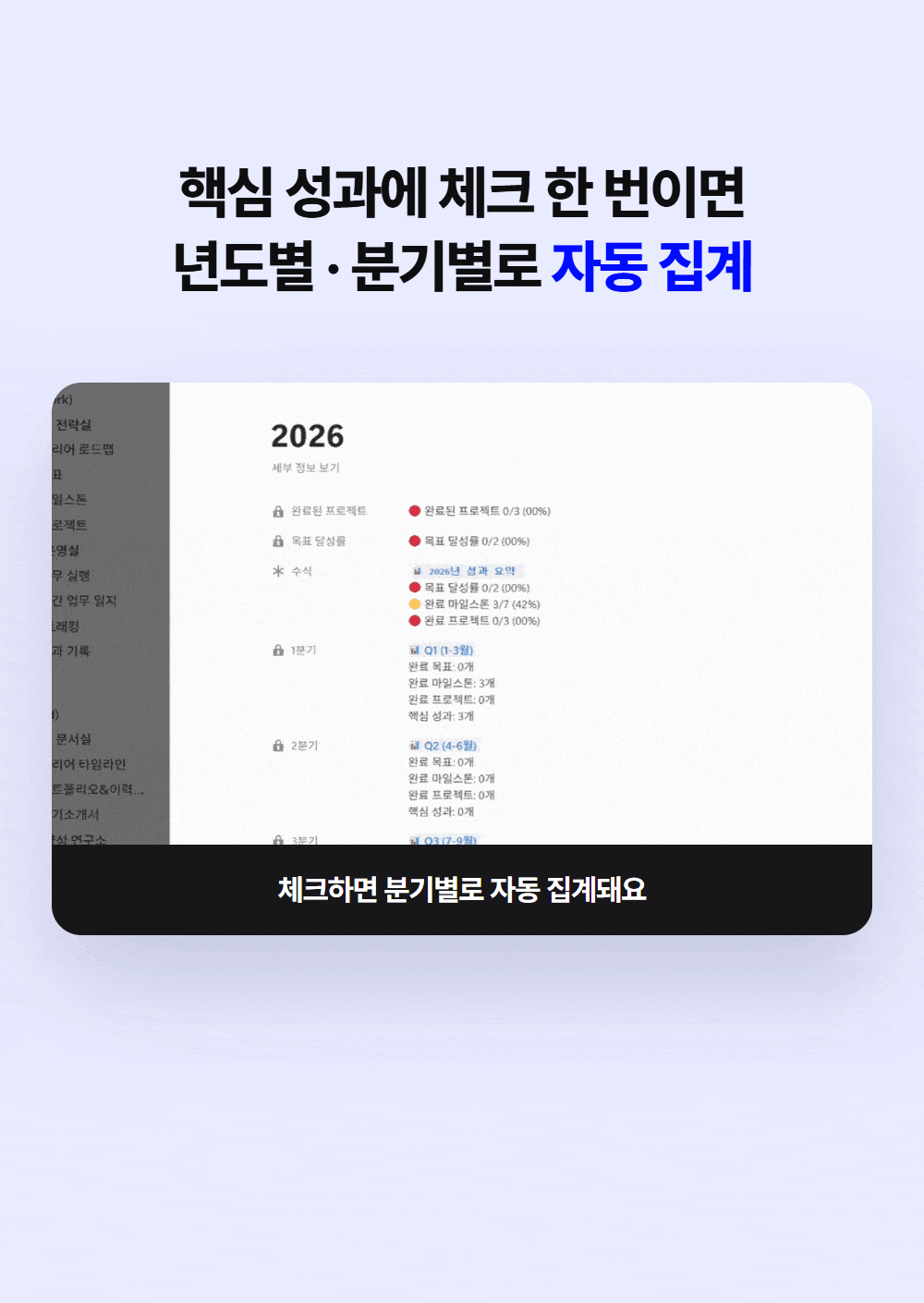 핵심 성과에 체크 한 번이면 년도별·분기별로 자동 집계되는 노션 화면