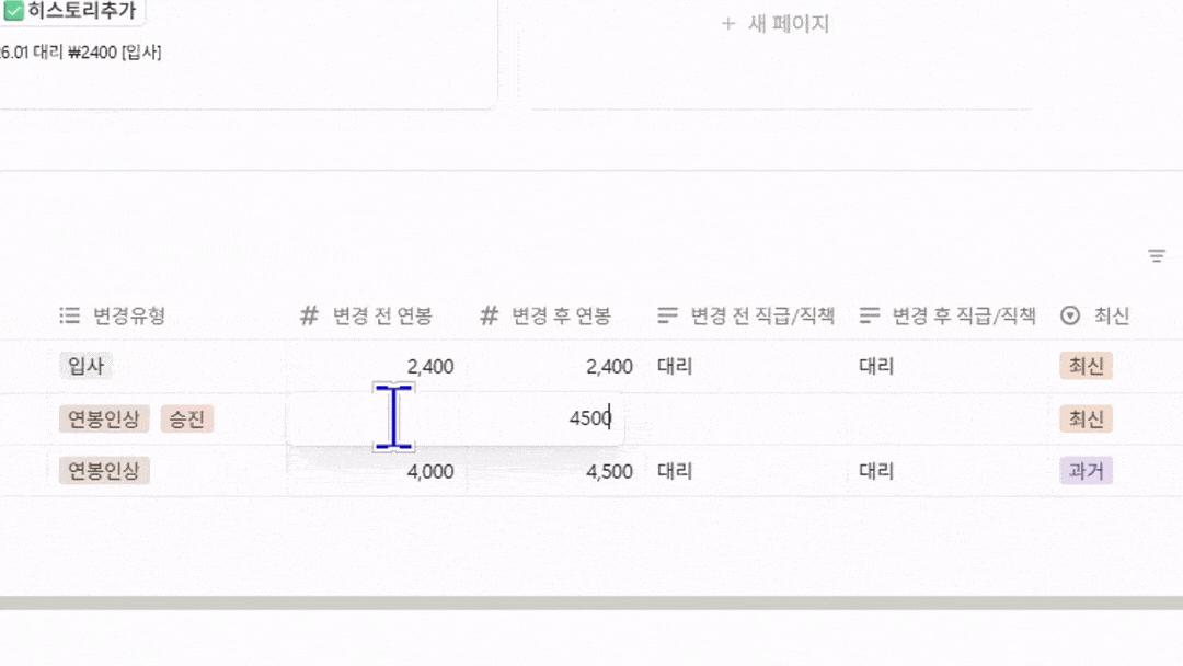 노션에서 진급과 연봉 변화를 연도별로 기록한 화면
