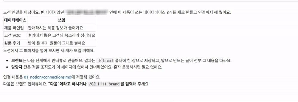 노션 연결을 마친 실제 화면 · 빈 페이지 안에 제품 라인업 · 고객 VOC · 원문 후기 세 데이터베이스를 새로 만들고 연결했다는 안내
