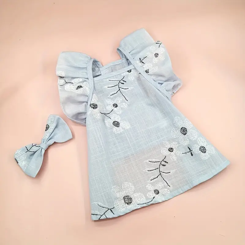 작은 개와 고양이를 위한 꽃 프랑스 스타일의 애완동물 드레스, 플러터 슬리브, 리본 타이, 사랑스러운 고양이 스커트 세부 정보 1