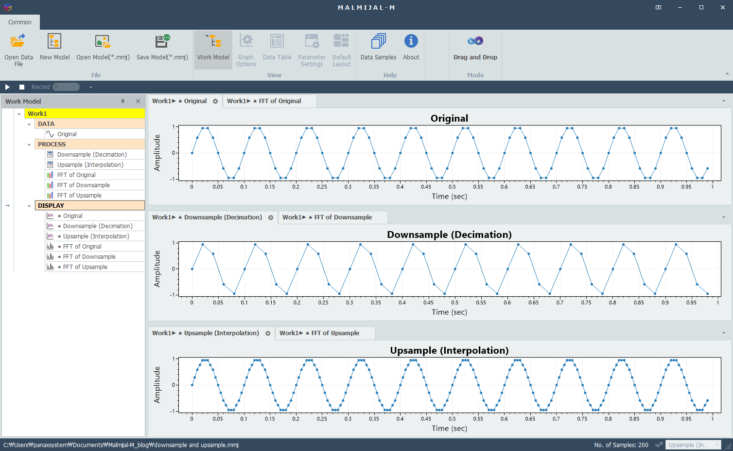 Original, downsampled(lowpass filtering if necessary), and upsampled signals by factor of 2
