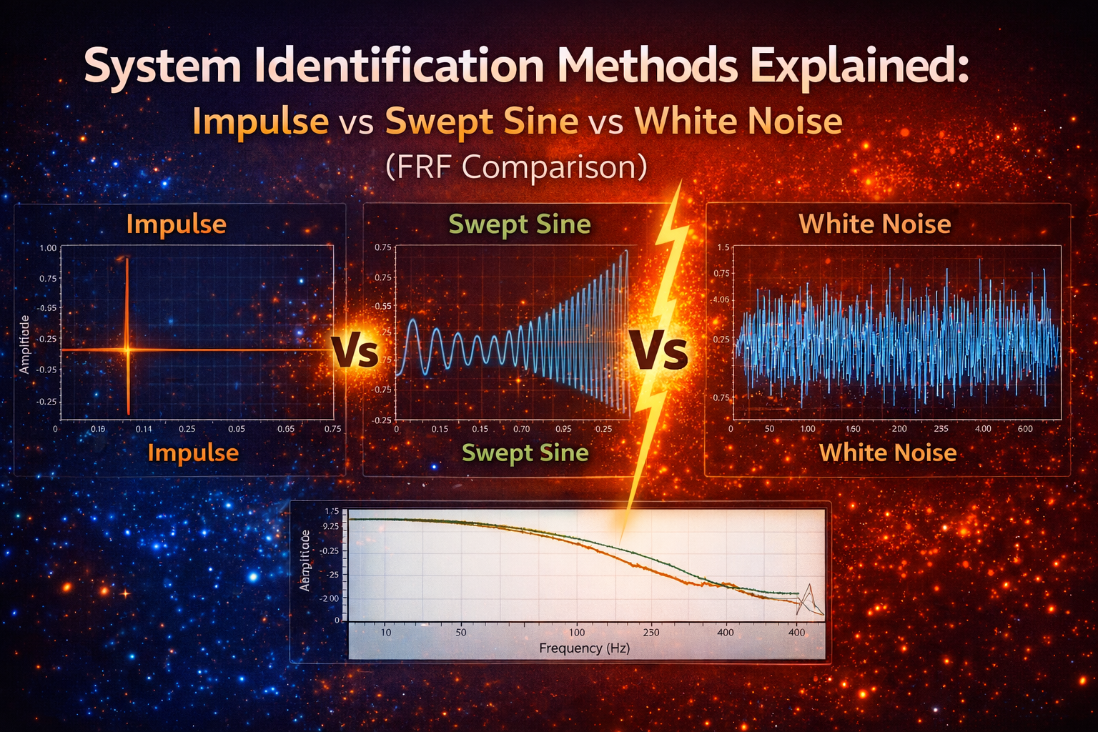 Comparison of system identification methods showing impulse, swept sine, and white noise signals with corresponding frequency response functions (FRF)