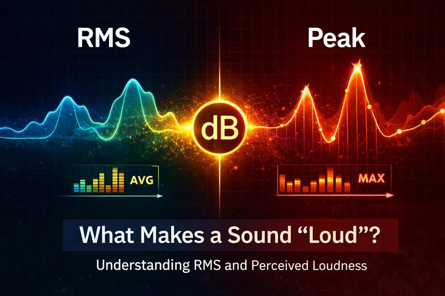 Comparison of RMS and peak amplitude showing how perceived loudness relates to signal energy and decibel levels