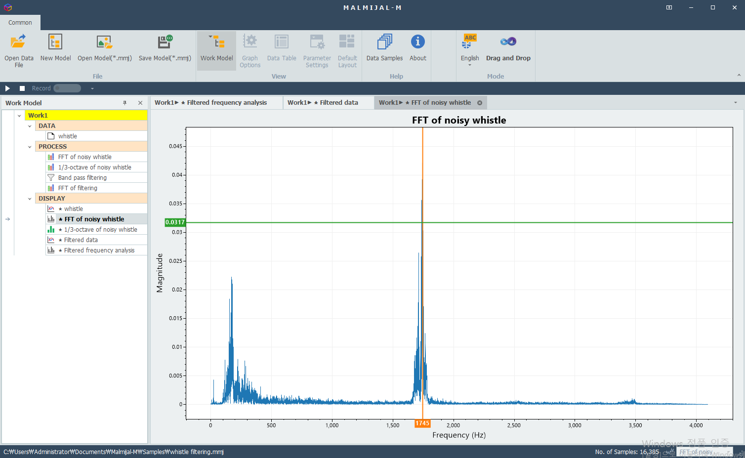Frequency analysis showing low-frequency background noise before filtering