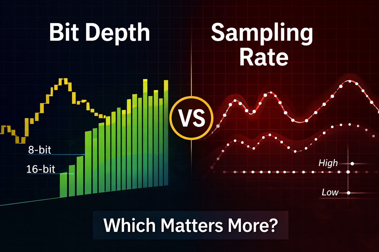 Comparison between bit depth and sampling rate in digital signal processing showing quantized amplitude levels versus sampled waveform resolution