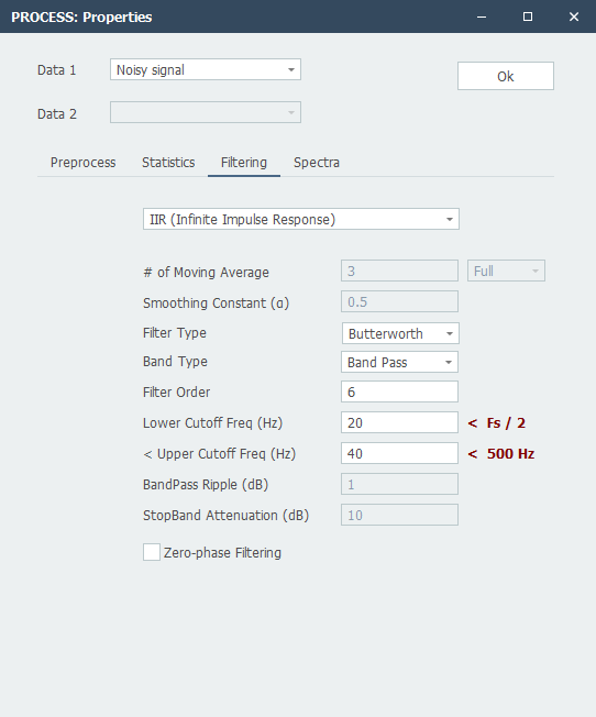 Set parameters of Butterworth IIR band-pass filter with cutoff frequencies from 20Hz to 40Hz