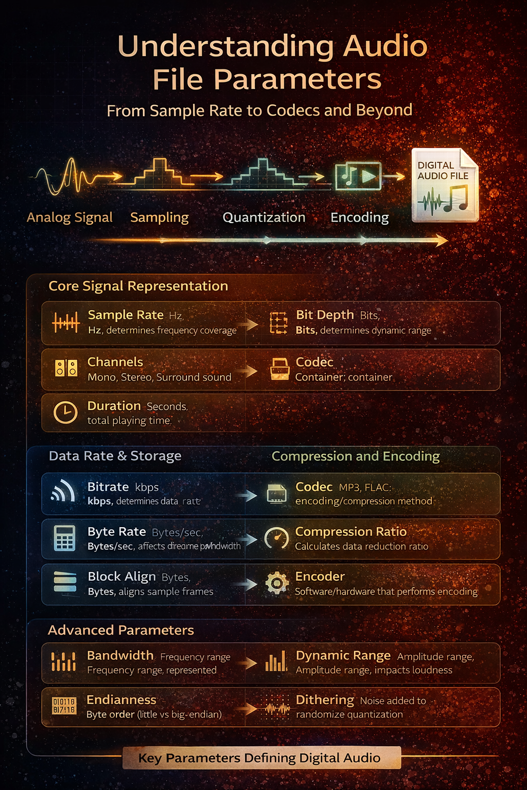 Infographic explaining digital audio file parameters including sample rate, bit depth, bitrate, codec, compression, and signal processing workflow from analog to encoded audio