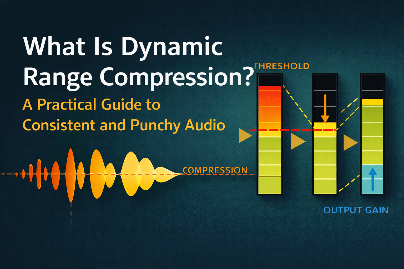 What is dynamic range compression illustration showing how threshold and output gain create consistent and punchy audio