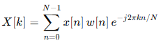 Discrete Fourier Transform equation applied to a windowed signal showing the FFT calculation using x[n] multiplied by the window function w[n].