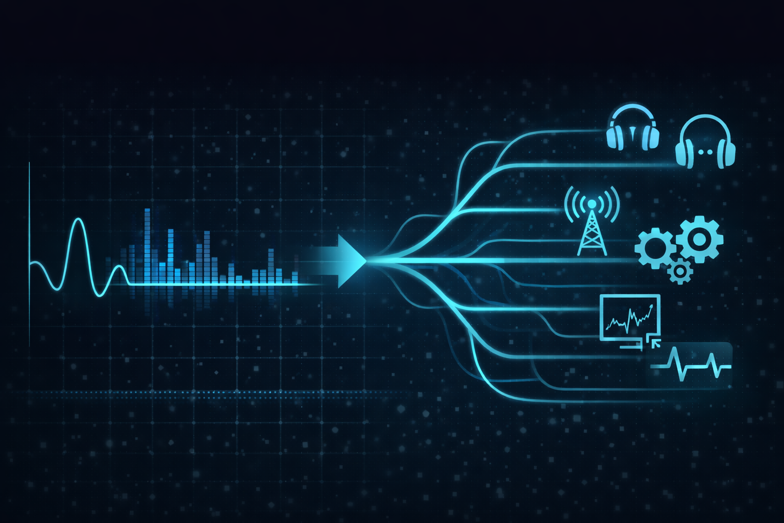 Illustration showing signal processing expanding beyond FFT into multiple real world domains such as audio communication control and sensing