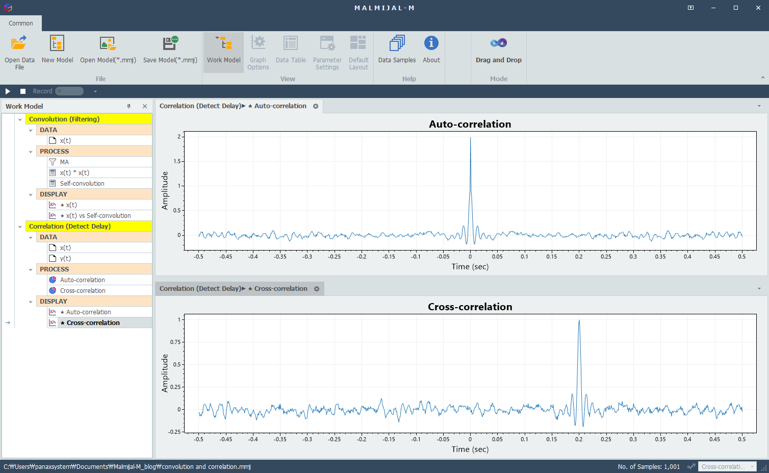 Detect delay between x(t) and y(t) using Cross-correlation (delay = 0.2)