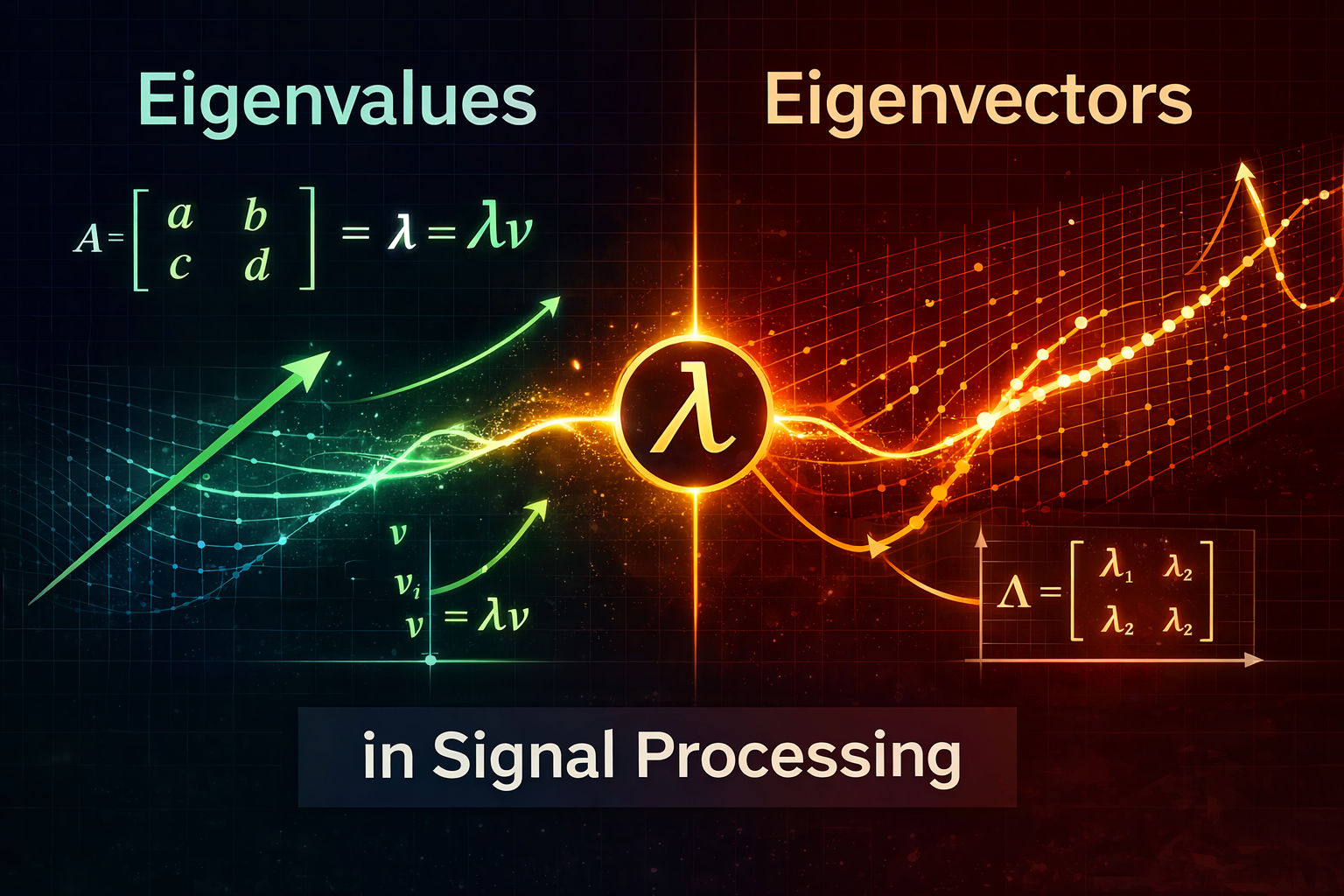 Visualization of eigenvalues and eigenvectors in signal processing showing matrix transformation and principal directions
