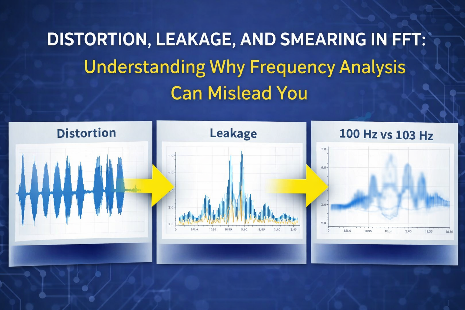 FFT distortion, leakage, and smearing comparison showing how frequency components spread and mislead spectral analysis