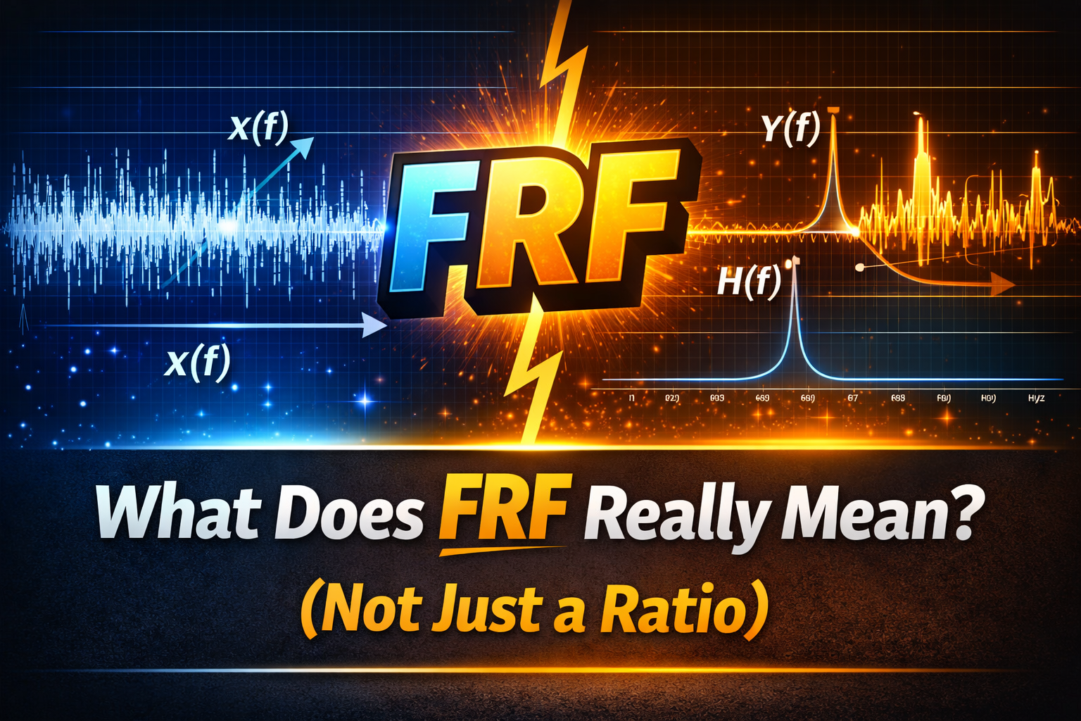 Visual explanation of FRF showing relationship between input X(f), output Y(f), and frequency response with resonance peak