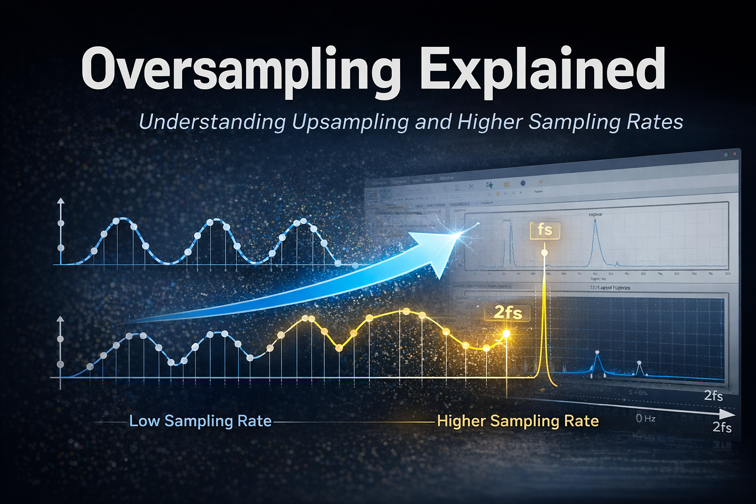 Illustration explaining oversampling in signal processing with comparison between low and high sampling rates and their frequency spectrum effects