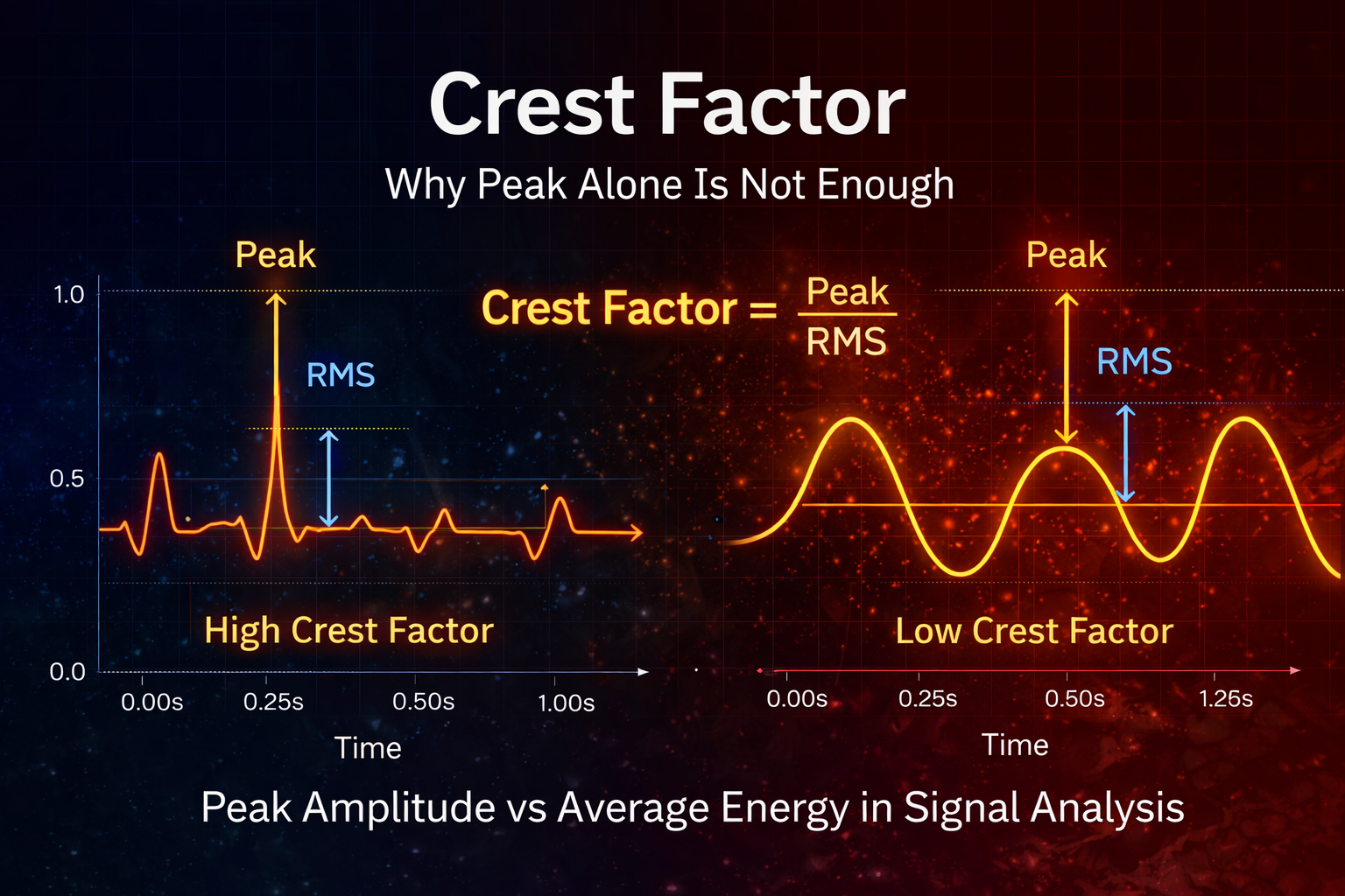 Illustration of crest factor showing the relationship between peak amplitude and RMS using high crest factor and low crest factor signal examples
