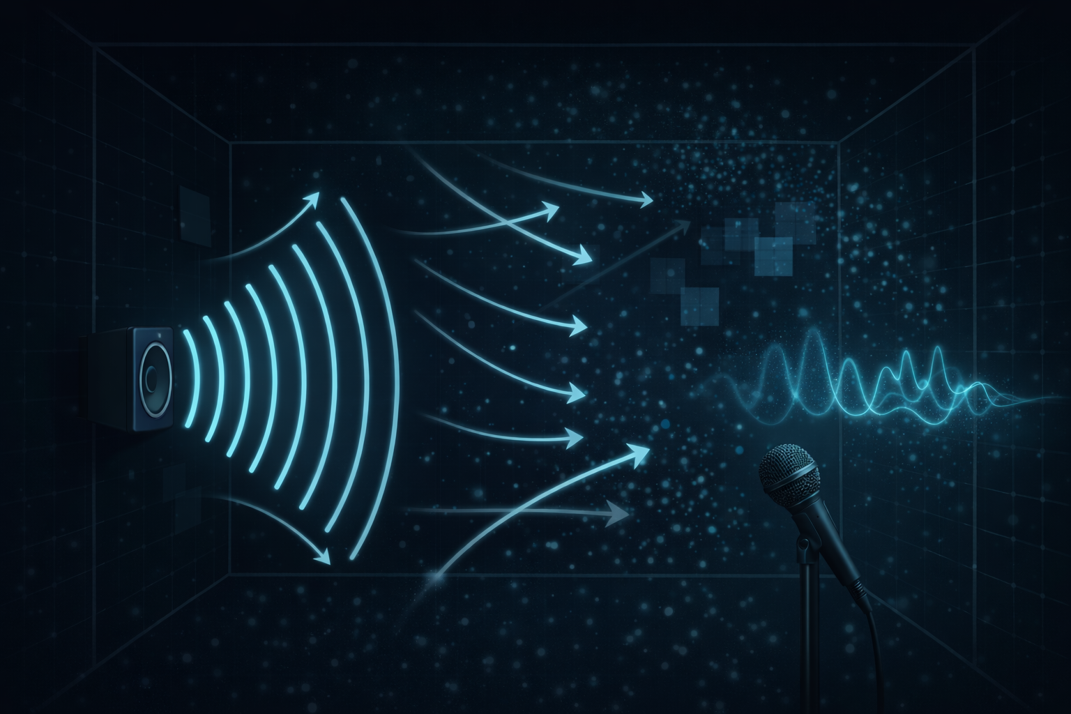 Illustration of sound waves reflecting absorbing and diffusing in a room between a speaker and a microphone