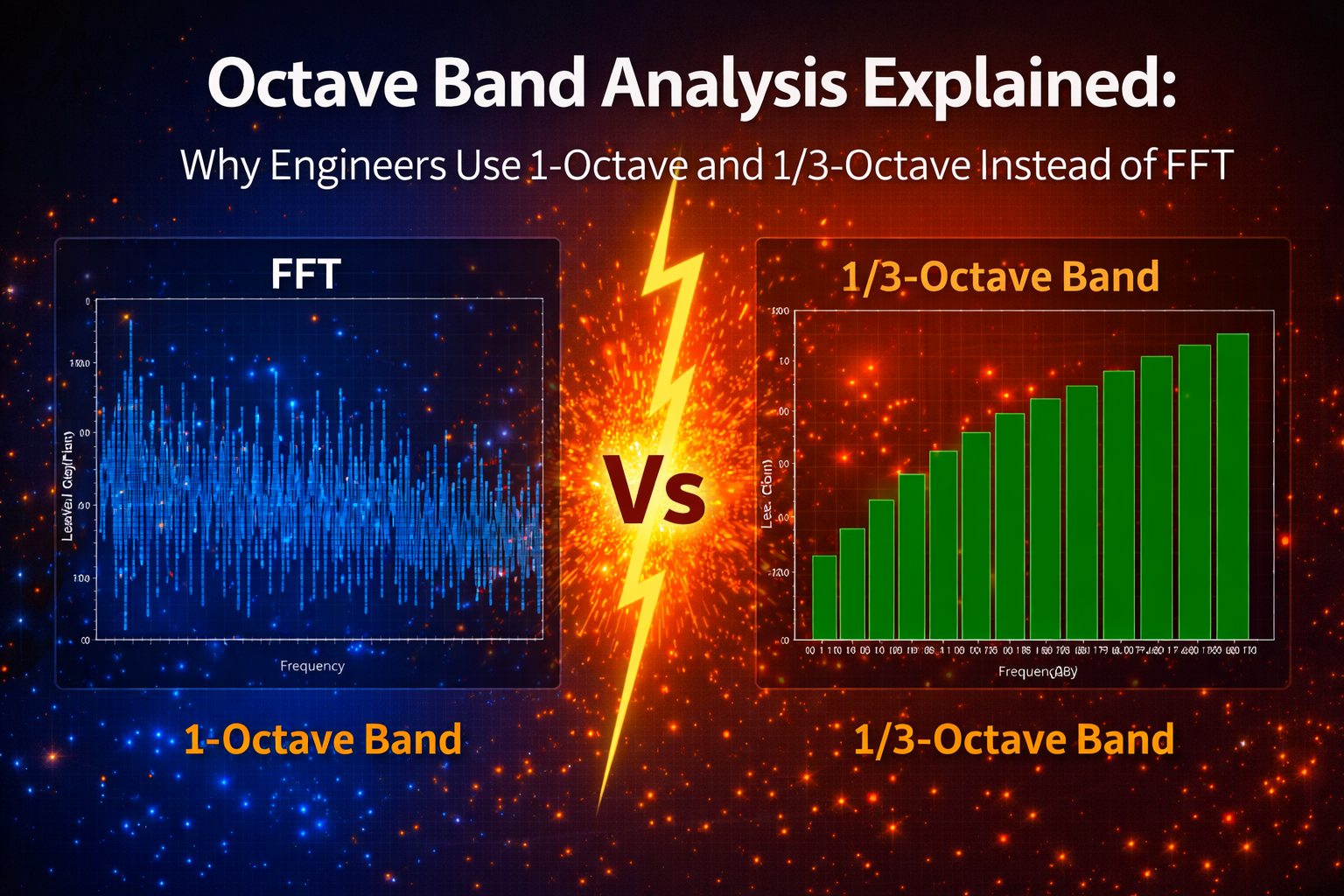 comparison of FFT vs 1-octave and 1/3-octave band analysis showing frequency spectrum vs band-based analysis