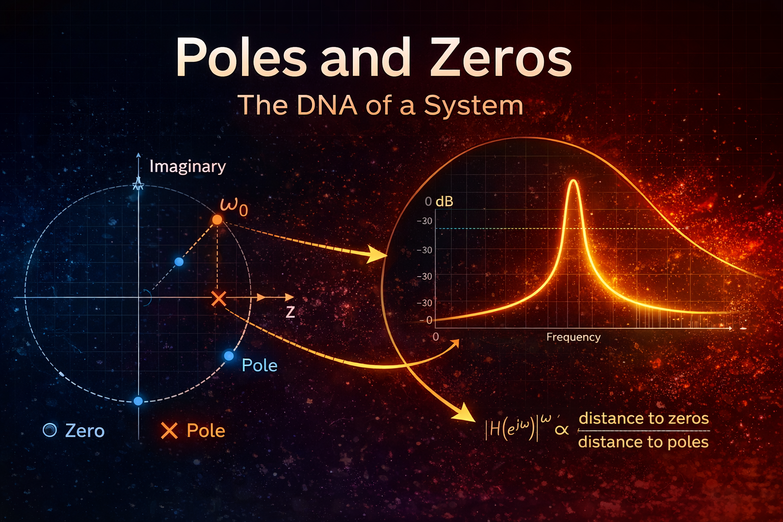 Z-plane diagram showing poles and zeros with corresponding frequency response, illustrating how system behavior is determined in signal processing