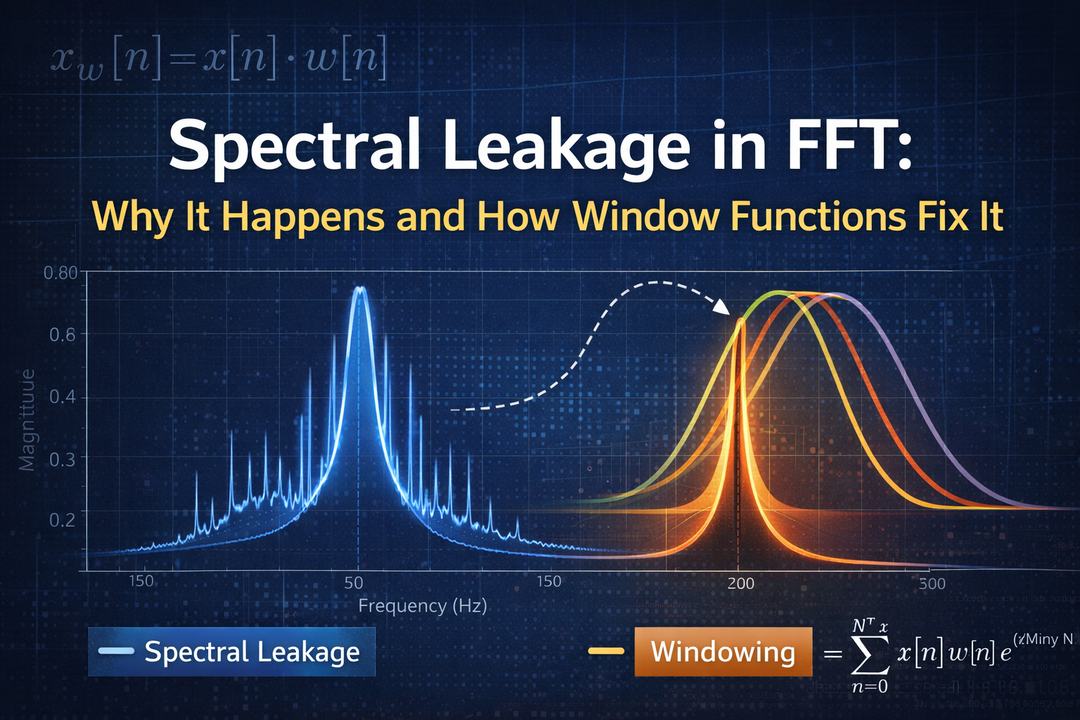 Illustration of spectral leakage in FFT showing frequency spread and how window functions reduce leakage