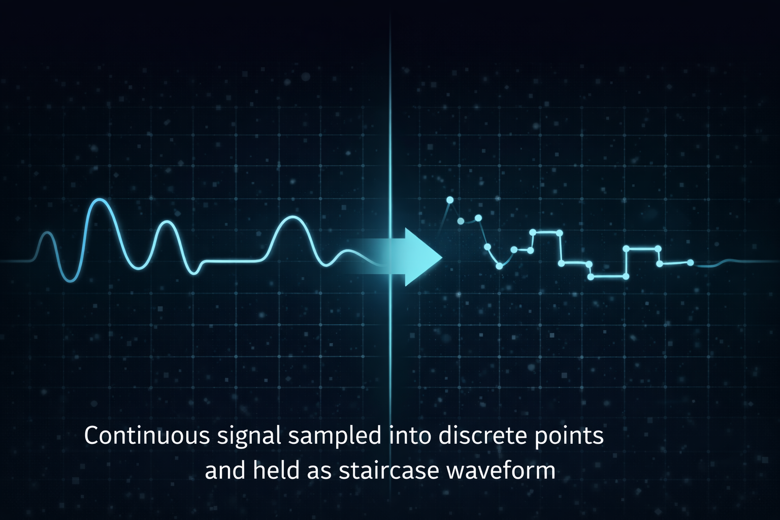 Illustration showing continuous signal sampled into discrete points and converted into staircase waveform by sample and hold circuit