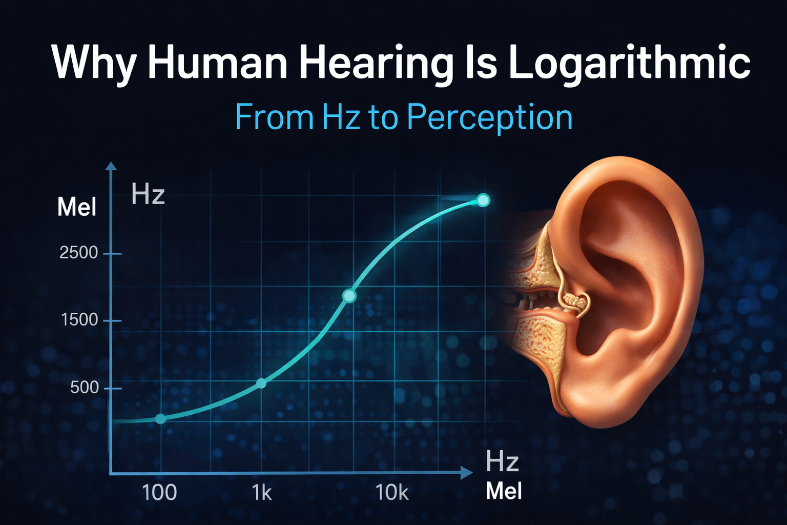 Illustration showing logarithmic human hearing perception with a comparison between Hz and Mel scale and a human ear diagram