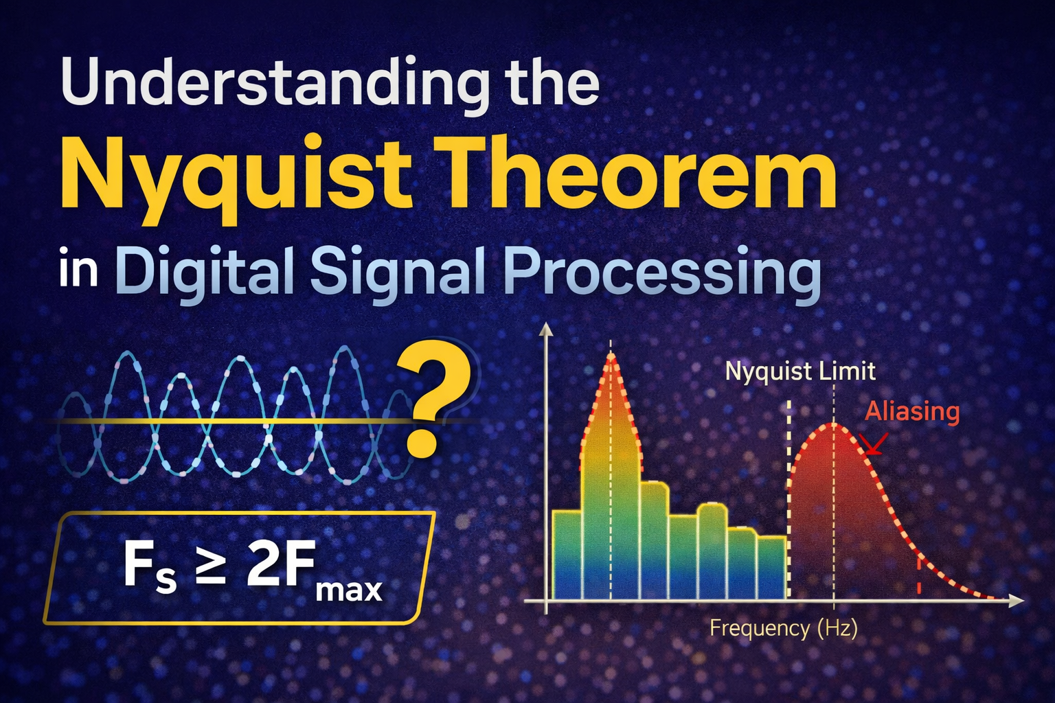 Nyquist theorem illustration showing sampling, Nyquist limit, and aliasing in DSP.