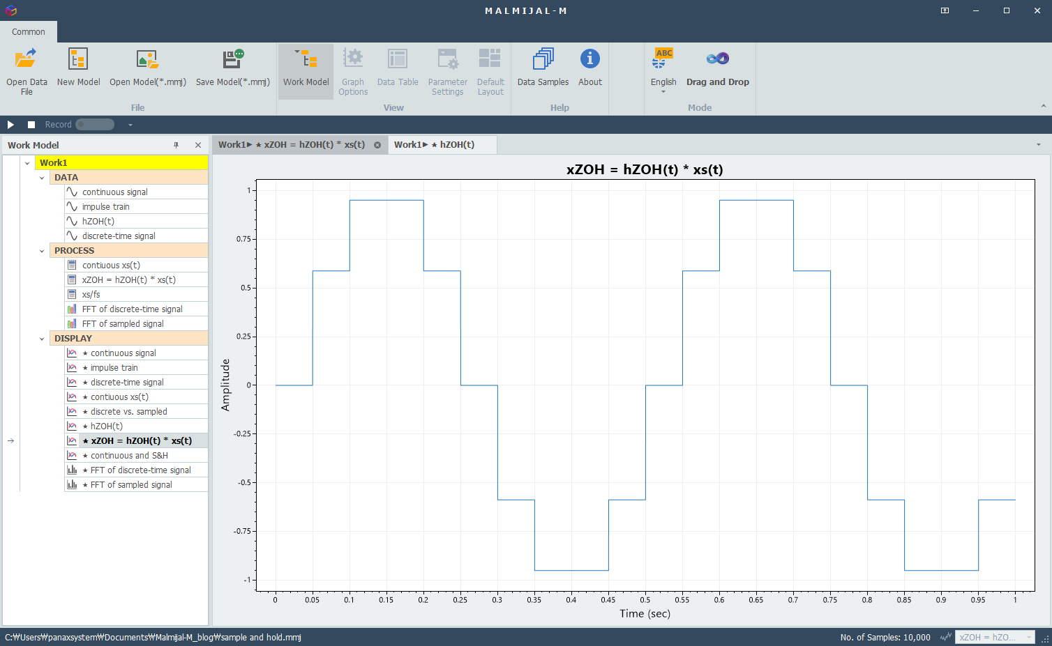 Convolution of impulse response of ZOH and sampled signal, xZOH (t) = h(t) * xs(t)