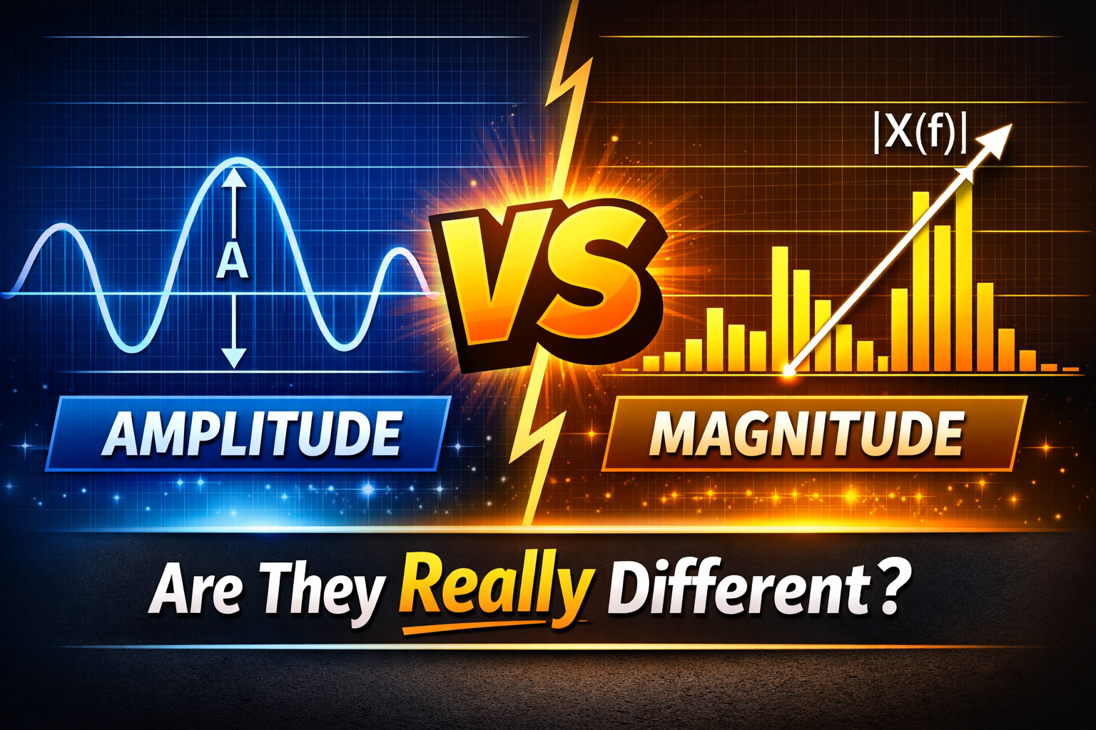 Comparison between amplitude and magnitude showing time domain sine wave vs frequency domain magnitude plot
