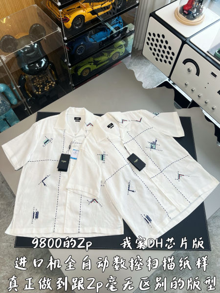 펜디 체크 모티프 자수 화이트 린넨 셔츠