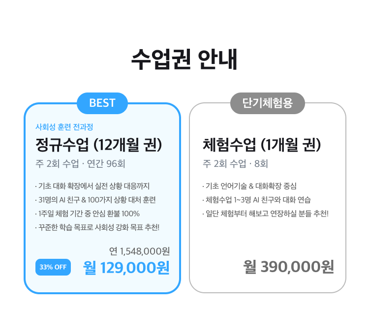 수업권 안내 - 정규수업 12개월권 주 2회·연간 96회 월 129,000원(정가 390,000원, 33% 할인), 체험수업 1개월권 주 2회·8회 390,000원