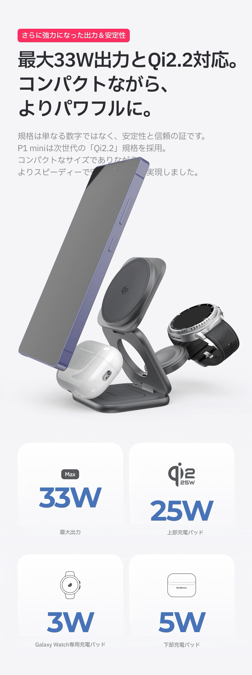 레드빈 더베러 25W QI2.2 3IN1 맥세이프충전기 갤럭시워치 무선충전 P1-MG