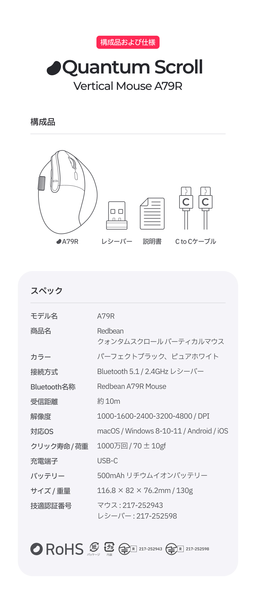 Redbean Quantum Scroll 高速スクロール充電式ツインホイール縦型マウス A79R