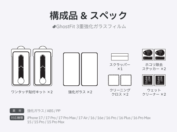 Redbean GhostFit 3重強化ガラス液晶保護フィルム ワンタッチ貼付キット 2セット for iPhone