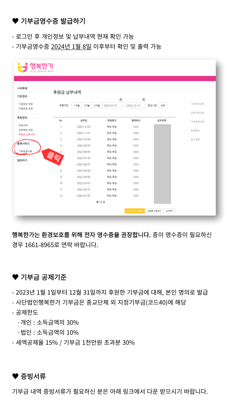 2023년 기부금영수증 발급 안내 : 행복한가 - 세상을 행복하게 체인지