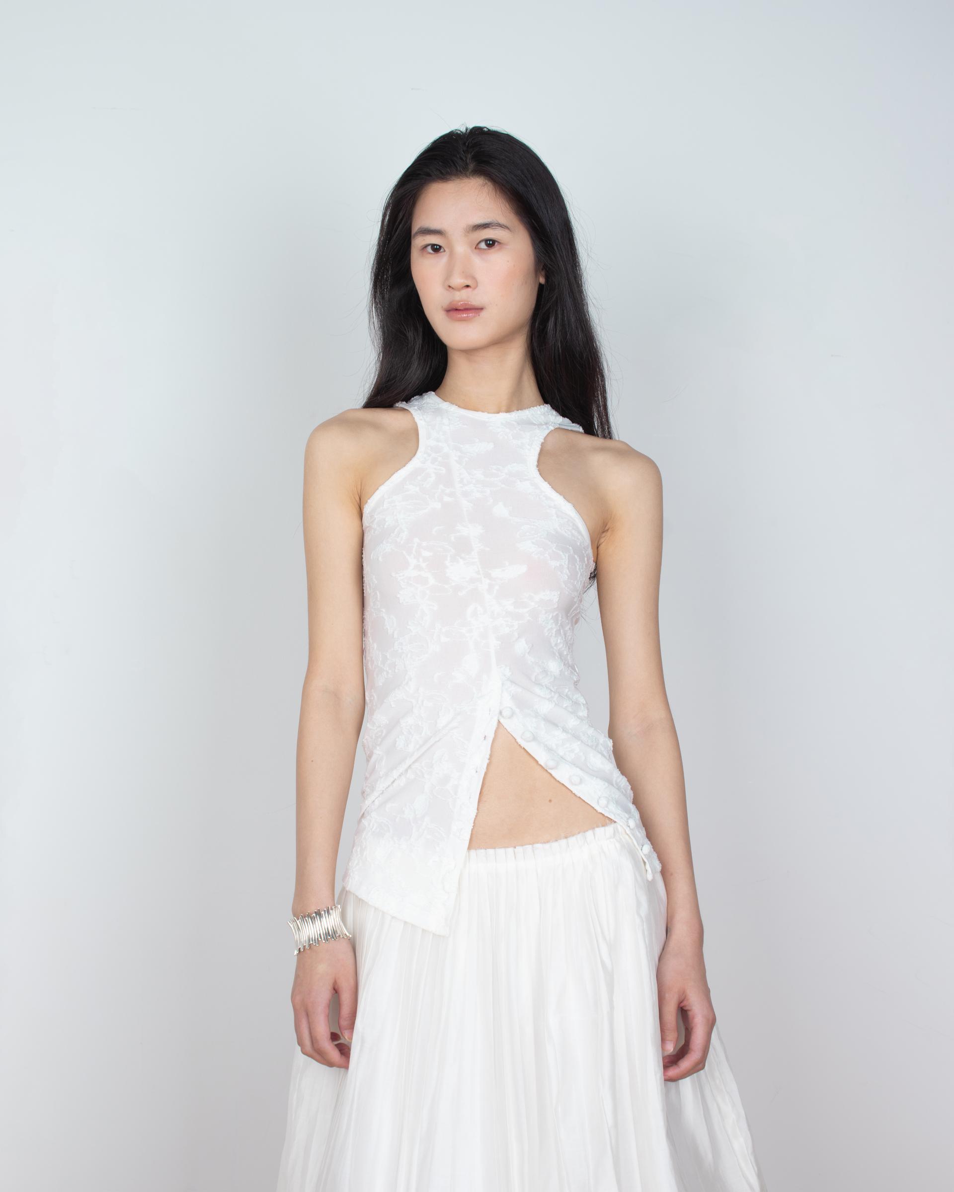 curved button floral sleeveless
