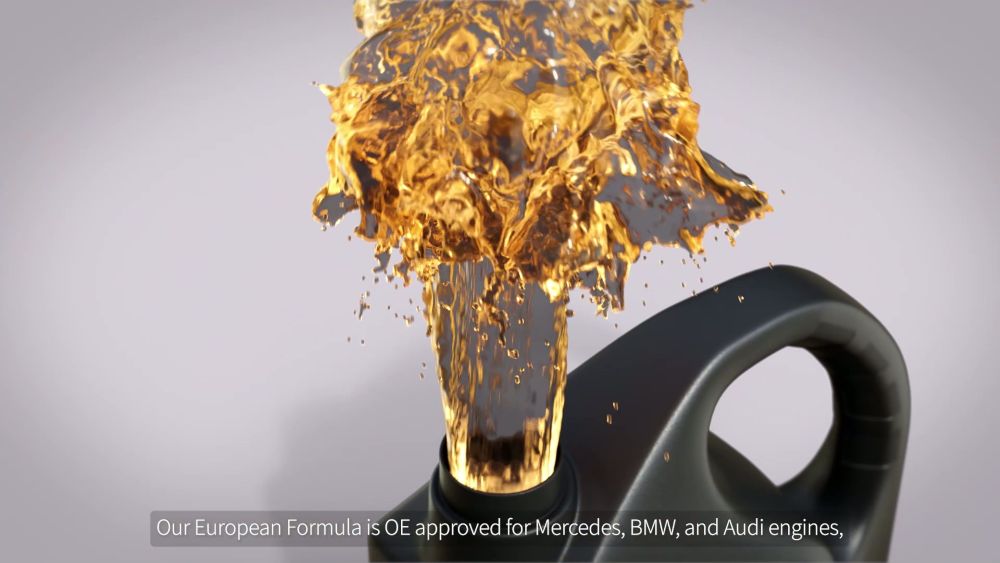 황금색 엔진오일의 흐름과 유동성을 강조한 클로즈업 3D 시각화 장면