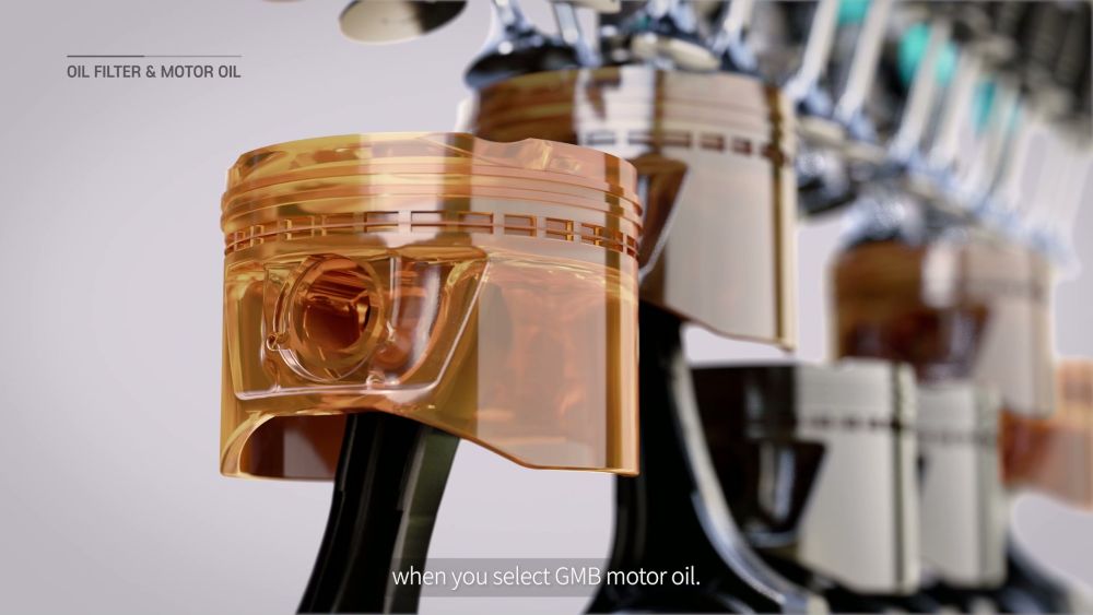 오일펌프에서 압력을 받은 오일이 저장소와 필터로 이동하는 흐름을 표현한 3D 이미지