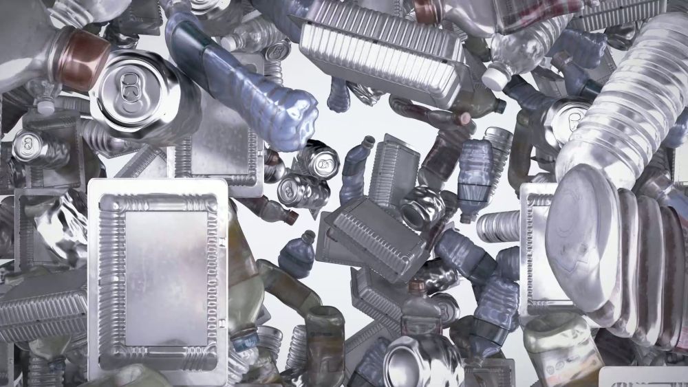 페트병과 캔, 유리병 등 재활용품이 급격히 늘어나며 폐기물 문제의 증가를 상징적으로 표현한 3D 시각화 장면