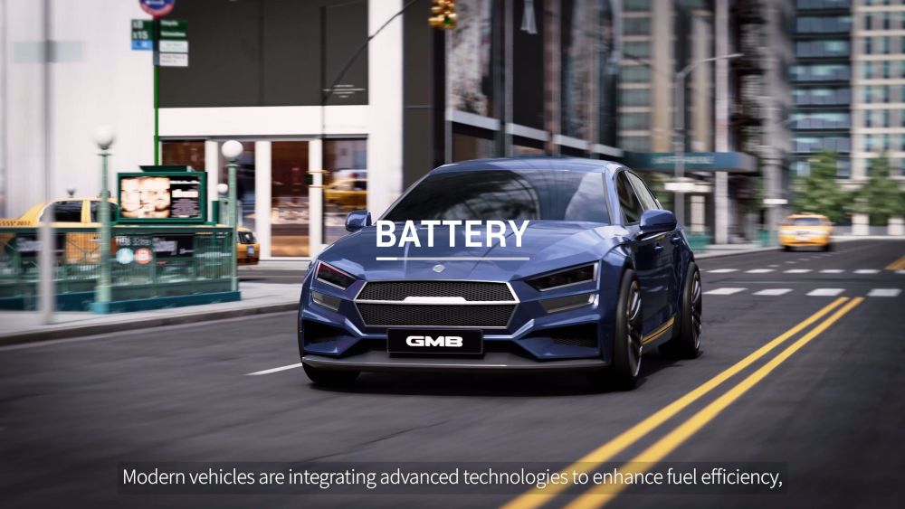 배터리 제품 자막 아래를 자동차가 달리는 엔딩 연출의 3D장면